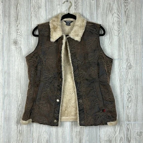 Woolrich Saddle Brown Leaf Embroidered Faux Leather Faux Fur Lined Vest Sz M - Picture 10 of 14